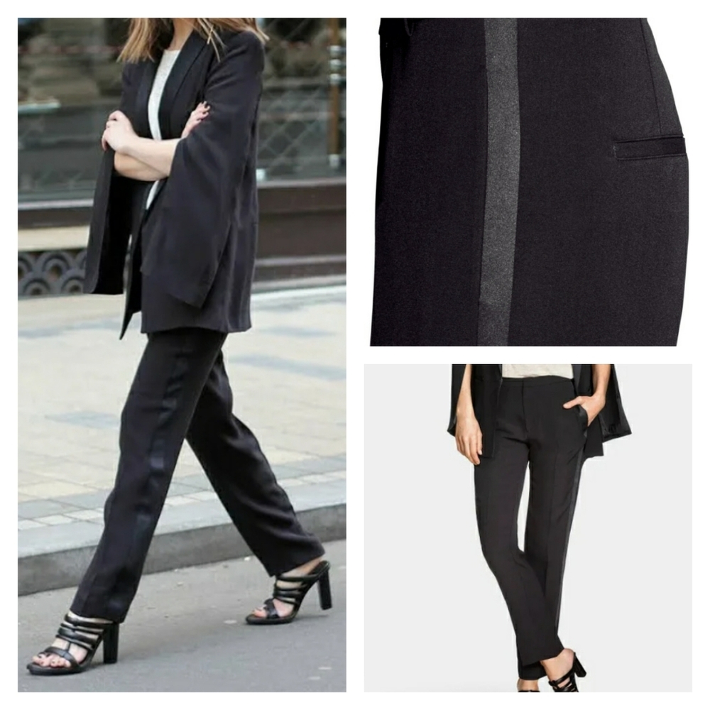 H&M Black Side Stripe Split Hem Slim Leg Black Trouser Pants Size 6 (Small)